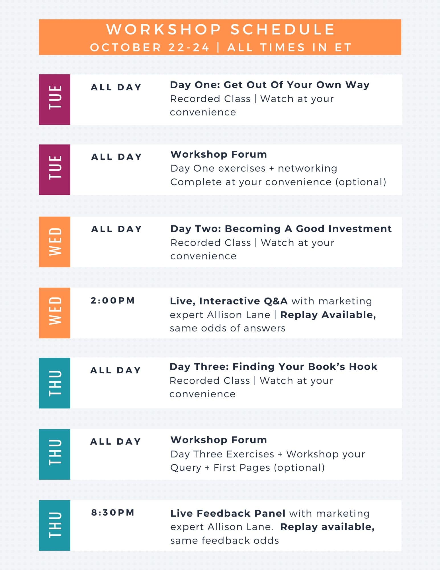 Allison Workshop Schedule